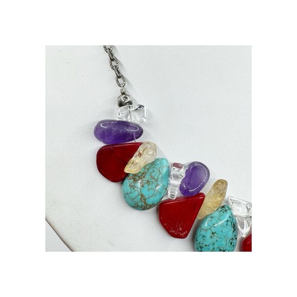 Turquoise Coral Amethyst Stone Collar Necklace Sterling Silver Southwest Boho - Picture 9 of 13